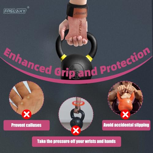 Frelaxy Lifting Wrist Straps for Women and Men, Weight Lifting Grips | Double-layer leather, Cushioned wrist support, Durable construction, Storage pouch, Deadlifts, rows, lat pulldowns - color: Pink/Black