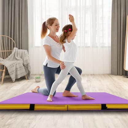 Goplus 4" Thick Folding Gymnastic Mat, Thickened Bi-Fold Fitness Mat with Carrying Handles & PU Leather Cover, Home Gym Tumbling Mat for Stretching, Pilates, Aerobics Workouts - color: Purple&Yellow