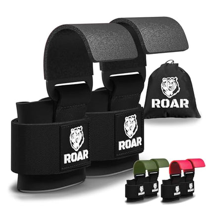 Roar® Heavy Duty Weight Lifting Hooks with Padded Wrist Straps – Premium Grip Support for Deadlifts, Pull Ups & Shrugs – Non-Slip Metal Hooks for Powerlifting, Bodybuilding & Strength Training (Pair)