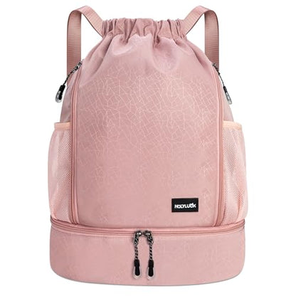 HOLYLUCK Drawstring Backpack with Shoe Compartment, Gym Bag Backpack for Women Men, Cinch Swim Beach Bag String Sports Bag for Soccer and Basketball, Pink - color: Pink