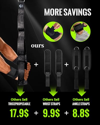 3 Grip Lengths in 1 Tricep Rope Cable Attachment & Wrist Brace Ankle Strap | Ergonomic Handles, Greater ROM for Tricep Push Down Attachment Gym Rope for Overhead Extension With Wrist Brace Ankle Strap