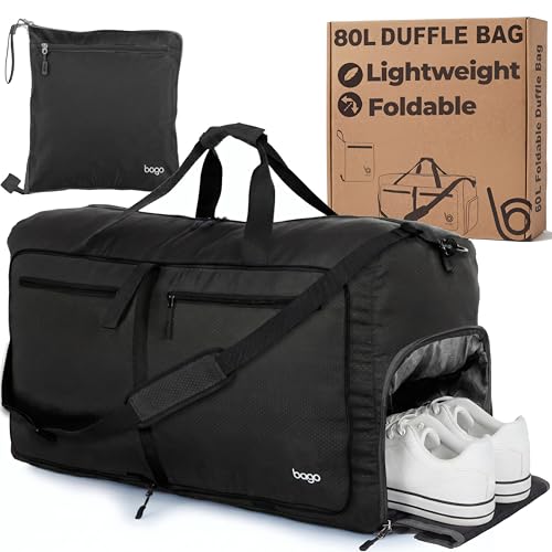 Bago Foldable Duffle Bag for Camping & Travel with Shoe Compartment. Large Duffle Bag for Women & Men. Durable Lightweight Duffel Bags for Traveling. 80L - color: All Black, size: 80L
