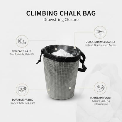 Climbing Chalk Bag with Drawstring Closure - Lightweight Waist Pouch for Rock Climbing, Bouldering & Gym Training (6.7 Inch Opening) - color: Gray