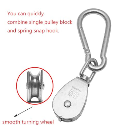 1PC 304 Stainless Steel M50 Single Pulley Block, Wire Rope Hanging Wire Towing Wheel, with 1PC Spring Snap Hook - size: M50-1pc