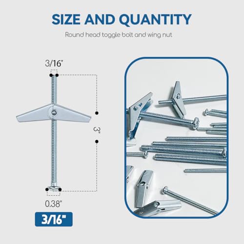3/16X3-Inch Toggle Bolt and Wing Nut for Hanging Heavy Items on Drywall (60 Pack) - size: 3/16x3inch-60pcs