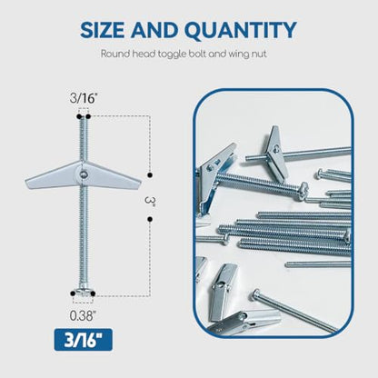 3/16X3-Inch Toggle Bolt and Wing Nut for Hanging Heavy Items on Drywall (60 Pack) - size: 3/16x3inch-60pcs