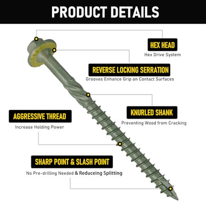 [Pack of 50] #14 x 8 Wood Structural Screws, Green Coated Heavy Duty Hex Head Timber/Log/Landscaping Wood Screws, Rust Resistant, Hex Socket Included - color: Green, size: #14 x 8"