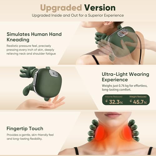 Neck Massager with Heat, Cordless Human-Like Massage, Pain Relief, Green | Neck Massager with 2 Heat Levels and 10-Min Auto Shut-Off, Relax Neck & Shoulders at Home, Office, Breaks or Before Sleep