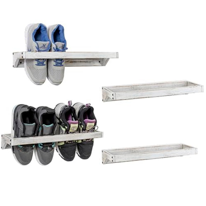 MyGift Set of 4 Shabby White Washed Solid Wood Hanging Shoe Storage Organizer Racks, Wall Mounted Space Saving Footwear Holder for Closet, Mudroom, Entryway, Holds 8 Pairs - color: Whitewashed