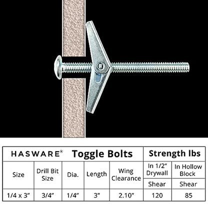 HASWARE Toggle Bolt Zinc Plated Steel and Wing Nut for Hanging Heavy Items on Drywall 1/4x3” (8 Pack) - size: 1/4x3” (8 Pack)