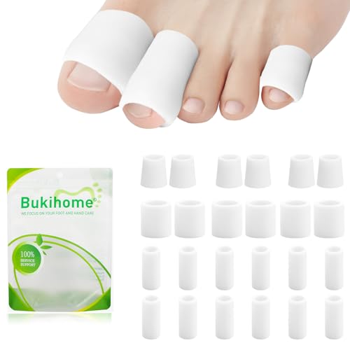 Bukihome Toe Protectors Toe Tube Pads for Pain Relief with 24 Pack | Silicone Gel Toe Sleeves for Hammer Toes, Corns, Calluses, Blisters, Multi-Size(White) - color: White, size: Multi-Size（24 Counts）