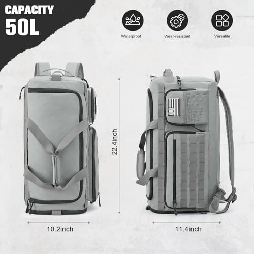 G4Free 3-in-1 Travel Duffle Bag for Men and Women, 50L Large Gym Sports Bags Tactical Military Duffle Backpack with Shoes Compartment and Wet Pocket (Grey) - color: Grey