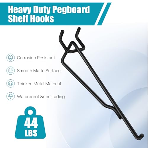 16 Pcs Pegboard Shelf Hooks, 6" Metal Peg Board Brackets Hooks Fits 1/4 Black Pegboard Organizer Accessories for Workbench, Garage, Craft Room, Retail Shop