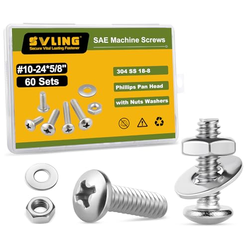 #10-24 x 5/8" Pan Head Machine Screws Nut Bolt Washer Assortment Kit,(60 Sets) 304 Stainless Steel 18-8 Phillips Drive Full Thread Assorted - size: #10-24 x 5/8"