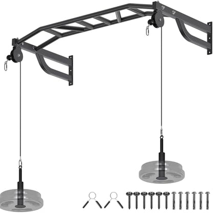 SELEWARE 48'' Heavy Duty Wall Mount Pull Up Bar with Cable Pulley System | Multi-function Chin up Bar with Cable Pulleys LAT Pulldown Attachments Heavy Bag Hanger for Home/Garage Gym Strength Training - color: C. Black Pull Up Bar with Cable Pulley System