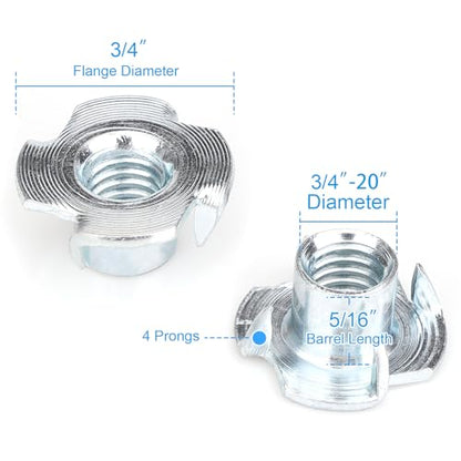 1/4"-20 T-Nuts (50 Pack), Zinc-Plated Steel Corrosion Resistant, 5/16" Barrel Length, 4-Pronged Tee Nut for Wood, Rock Climbing Holds, Cabinetry - size: 1/4"-20 50pcs 5/16"long