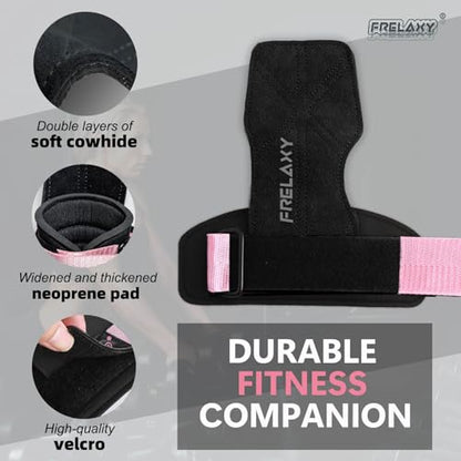 Frelaxy Lifting Wrist Straps for Women and Men, Weight Lifting Grips | Double-layer leather, Cushioned wrist support, Durable construction, Storage pouch, Deadlifts, rows, lat pulldowns - color: Flamingo