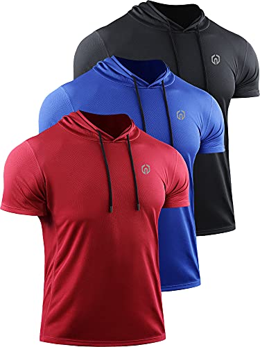 NELEUS Dry Fit Workout Athletic Muscle Tank Top Running Shirts with Hoods - color: 5084 Black/Blue/Red,3 Pack, size: Small
