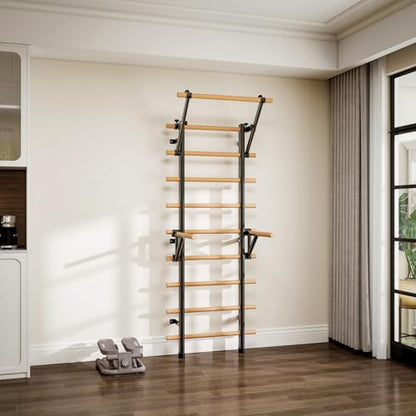 DHT Wood Stall Bar, Swedish Ladder Suspension Trainer with 9 Strategic Rods, for Home, Gym, School and Clinics, Black - color: WA1-D