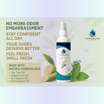 Natural Shoe Freshener Spray - 4oz (120ml) Water-Based Mist with Eucalyptus, Peppermint, Tea Tree & Lemongrass - Quick Acting Odor Neutralizer for Shoes, Gym Bags