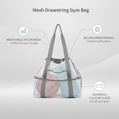 Mesh Drawstring Gym Bag, Breathable Nylon Storage for Wet Gear and Sports Equipment, 17 x 15 Inch (1 PC) - color: White