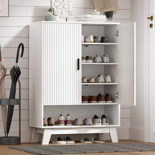 HUANLEGO Shoe Cabinet Storage for Entryway with Doors, White | 5 Tier Fluted Shoe Organizer with Adjustable Shelves, Shoe Storage with Wooden Legs, Freestanding Shoe Rack for Entryway - color: White, size: 5 Tier