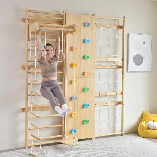 Avenlur Walnut 9-in-1 Swedish Ladder Wall Gym Kids, Indoor Climbing Wall | 2 Heights: 78.8" or 94.5" Montessori Indoor Playground & Jungle Gym, Rock Climbing Wall for Kids, Rope Ladder, Slide, Swing - size: 79" Height