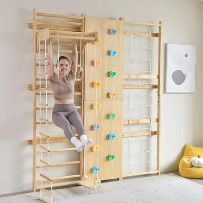 Avenlur Walnut 9-in-1 Swedish Ladder Wall Gym Kids, Indoor Climbing Wall | 2 Heights: 78.8" or 94.5" Montessori Indoor Playground & Jungle Gym, Rock Climbing Wall for Kids, Rope Ladder, Slide, Swing - size: 79" Height