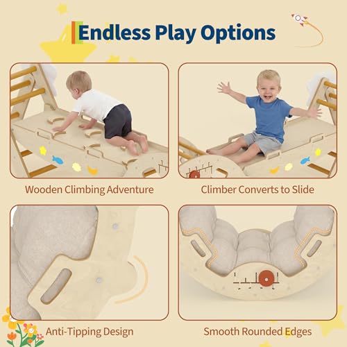 OUTLANE Pikler Triangle Set, 7-in-1 Foldable Wooden Toddler Climbing Toys Indoor, Jungle Gym for Toddlers, Large Montessori Climbing Set with Reversible Slide, Arch Ramp, Ladder & Cushion (Natural) - color: Natural