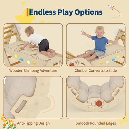 OUTLANE Pikler Triangle Set, 7-in-1 Foldable Wooden Toddler Climbing Toys Indoor, Jungle Gym for Toddlers, Large Montessori Climbing Set with Reversible Slide, Arch Ramp, Ladder & Cushion (Natural) - color: Natural