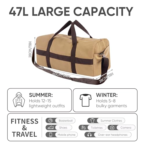 Large Canvas Travel Duffle Bag Heavy Duty, 3-in-1 Convertible Travel Bag with Backpack Straps for Gym, Sports, Travel, Camping(Khaki) - color: Khaki