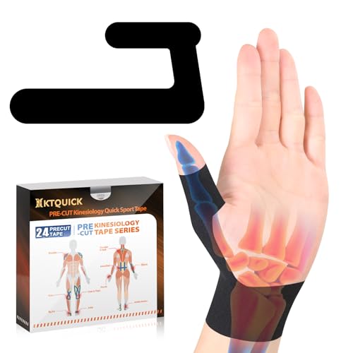 KTQUICK Precut Kinesiology Tape for Thumb Right, 24 PCS, 20% Stronger,Black | Waterproof & Hypoallergenic Latex-Free Finger Tape for Thumb Support, Wrist & Thumb Brace, Elastic Breathable Long-Lasting - color: Black, size: 24PCS RIGHT