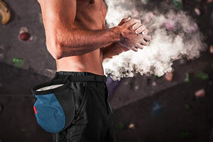 Rhino Valley Climbing Chalk Bag, No Leak Drawstring Chalk Bag with Adjustable Belt, Carabiner Clip and Zippered Pockets Chalk Bag for Rock Climbing, Cross Fit, Weight Lifting & More - color: Black/Royal Blue