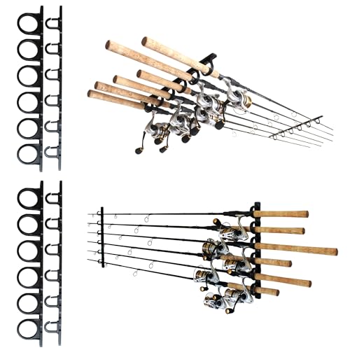 Rush Creek Creations, Ceiling Fishing Rod Holder for 6 Rods, Fishing Pole Holder for Garage Organization and Wall Storage, for Fishing Reels, Fishing Gear, and Fishing Accessories (2 Horizontal Rack) - size: Two Pack