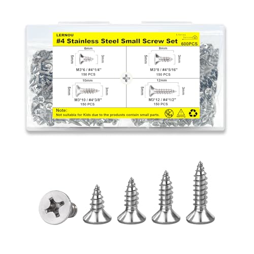 #4 Flat Head Wood Screws Assortment Kit 600Pcs, 304 Stainless Steel | Philips Flat Screws, Suitable for Furniture Cabinet, DIY Model Assembly, 4 Sizes (1/4",5/16",3/8",1/2") - color: Sliver, size: #4-600pcs