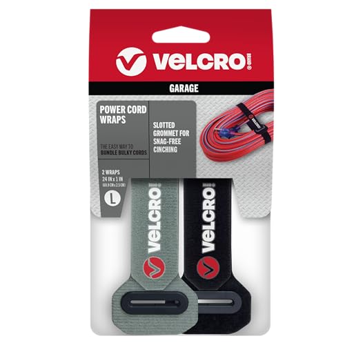 VELCRO Brand Power Cord Wraps | 24 Inch Extra Long Heavy Duty Straps for Extension Cords, Hoses, Garage Organization | 2-pack | Reinforced Head with Slotted Grommet | Black and Gray - size: 24 Inch (2Pk)