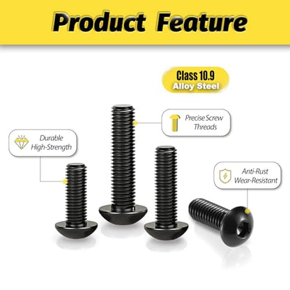 Kadrick 595Pcs M4 Screw Assortment,Machine Screws with Nuts Washers, Grade 10.9 Alloy Steel Hex Socket Button Head Black M4 Bolts Kit,Lenth Form 6mm-30mm - size: M4 600Pcs 6-30mm