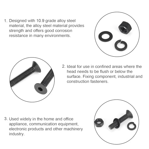DYWISHKEY 566 Pieces M3 Black Screws, 10.9 Grade Alloy Steel M3x 5/6 /8/10 /12/16 /20mm Countersunk Head Socket Cap Screws Bolts Nuts Washers Assortment Kit - size: M3, style: Countersunk Head Socket Cap
