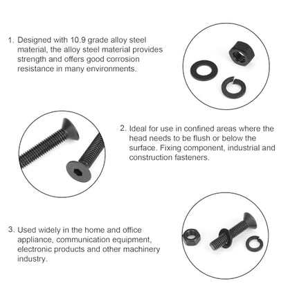 DYWISHKEY 566 Pieces M3 Black Screws, 10.9 Grade Alloy Steel M3x 5/6 /8/10 /12/16 /20mm Countersunk Head Socket Cap Screws Bolts Nuts Washers Assortment Kit - size: M3, style: Countersunk Head Socket Cap