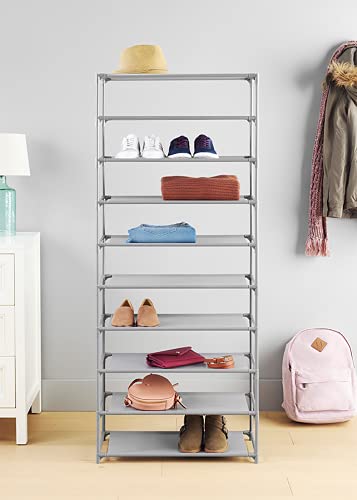 Whitmor Spacemaker 10 Tier Shoe Rack Tower, Tall Metal & Fabric Shoe Shelf Organizer for Entryway, Garage, Holds Shoes, Handbags & Accessories, 12"D×24.5"W×60"H - size: 10-Tier