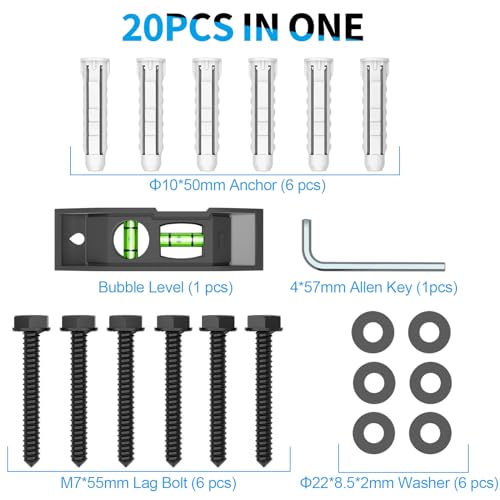 HOME VISION Wall Anchors Hardware Kit for TV Wall Mount - Including M7 Lag Bolts, Wall Anchors, Washers, Allen Key, Bubble Level, TV Mounting Screws Kit for Wood Stud/Brick/Concrete Wall Installation
