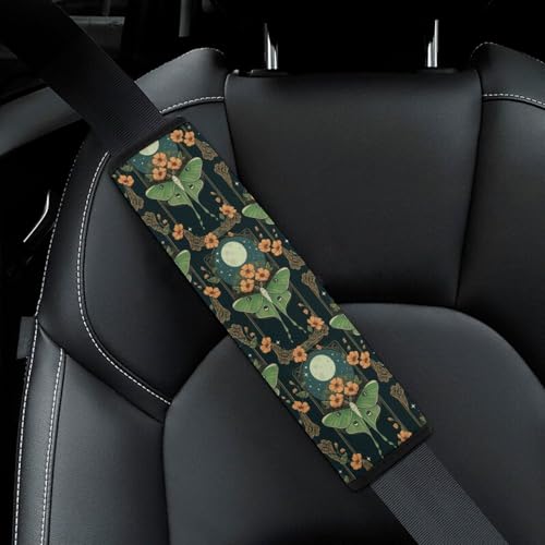 2PCS Full Moon Stars Floral Art Mystical Luna Moth Seat Belt Cover Soft Padded Neck Strap Covers for Kids, All Vehicles, Comfortable Driving - color: Pattern 569