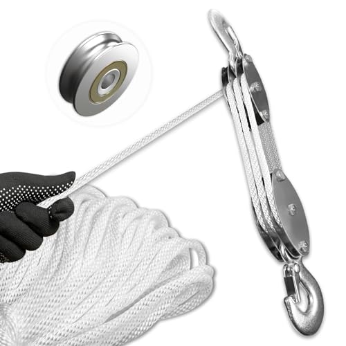 Block and Tackle Pulley System, Upgraded 3-Wheel Rope Pulley Hoist, 5:1 Lifting Power, 1100LB Work Load with 55Ft of 1/4" Rope, Ultra-Compact Rope Hoist for Garage, Hunting, and Heavy Lifting - color: White, size: 3 Wheel - 55Ft