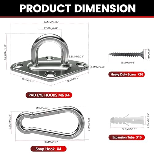 sprookber 304 Stainless Steel Pad Eye Snap Hooks, M6 Heavy Duty Ceiling Hooks, 800 lb Capacity Hammock Swing Hanging kit, Plant Hangers, Marine Hardware Staple Hook Loop with Screws, Set of 8 - size: 2.3 inch, style: Rhombus