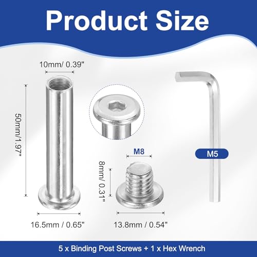 PATIKIL M8x8mm Hex Chicago Screws 10x50mm, 5Pcs 304 Stainless Steel Metric Hex Drive Socket Cap Binding Post Screw Posts for Scrapbook Leather Belt Album Furniture Repair, Silver - size: M8x8mm, 10x50mm