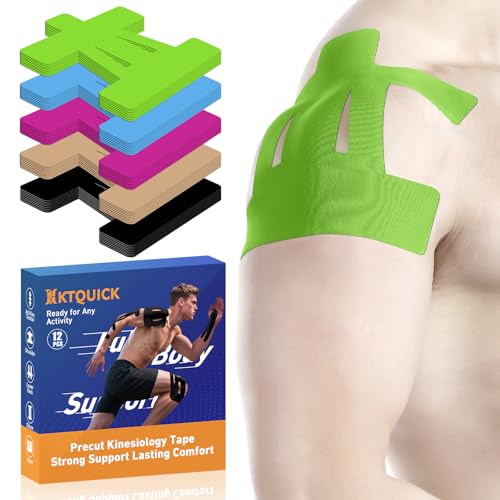 KTQUICK Precut Kinesiology Tape for Shoulder, 12 PCS, 20% Stronger Adhesive | Green, Precut Shoulder Support Tape with Premium Cotton, Breathable, Waterproof, Latex-Free Athletic Tape for Training&Sports - color: Green, size: 12PCS