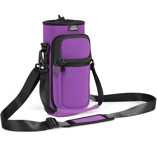Nuovoware Water Bottle Carrier Bag, 25oz/32oz Bottle Pouch Holder, Adjustable Shoulder Hand Strap 2 Pocket Sling Neoprene Sleeve Sports Accessories for Men/Women Hiking Travelling, Purple - color: Purple, size: 25-32 Ounces - Standard