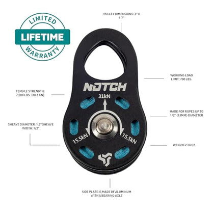 Notch Micro Pulley Combo Includes Micro Pulley, Micro Carabiner & 5mm Accessory Cord, Midline Attachable, Use with Lines up to ½” (13mm) (50096)
