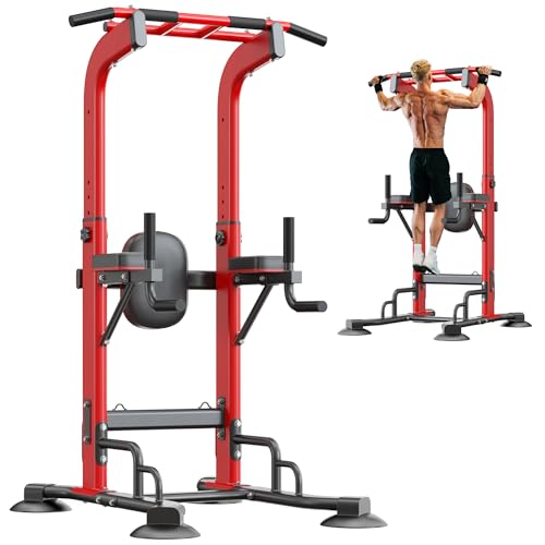 SogesHome Pull Up Bar and Dip Station, Heavy Duty Adjustable Home Gym Equipment for Strength Training, Multifunctional Workout Bar with Resistance Bands – Full Body & Core Exercise - color: Red
