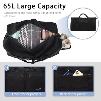 65L Foldable Duffle Bag with Shoe Compartment - Large Travel Duffel Bag for Men & Women, Packable Weekend Bag with Trolley Sleeve, Water-Resistant & Lightweight Gym Bag for Travel, Sports (Black) - color: Black